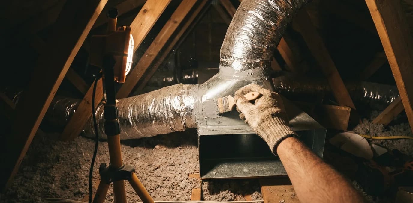 gloved hand brushing mastic onto a duct collar joint in an attic gloved hand brushing mastic onto a duct collar joint in an attic