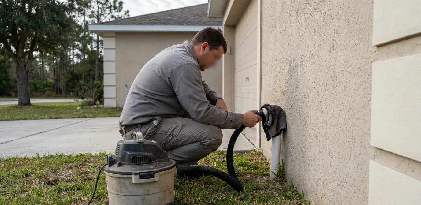 technician clearing a condensate drain line with a wet vacuum at the side of a house technician clearing a condensate drain line with a wet vacuum at the side of a house