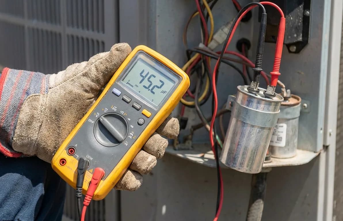 multimeter showing a capacitance reading with its leads clipped to a run capacitor multimeter showing a capacitance reading with its leads clipped to a run capacitor